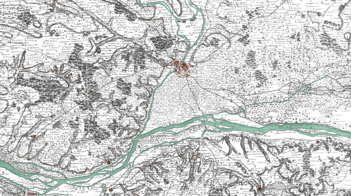 Angers et la confluence de la Maine et de la Loire. Carte dite de Cassini, vers 1770